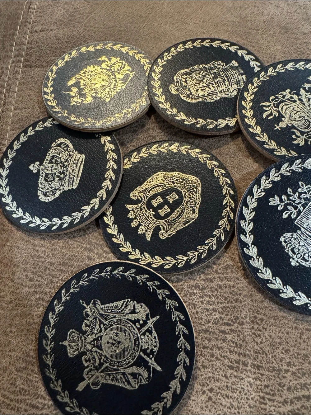 Decorative Black and Gold Leather Coasters - Set of 8